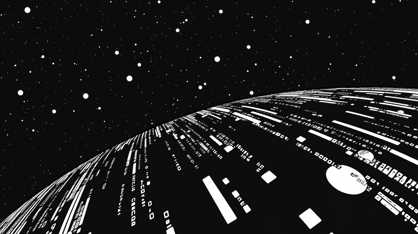 Imagem flat em preto e branco mostrando um mundo digital